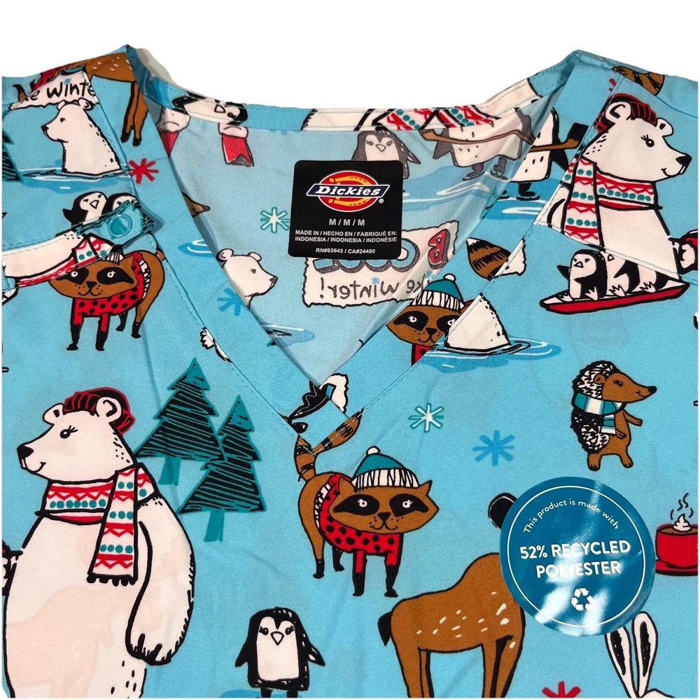 NWT Dickies Women's Medical Scrub Top Sz M Be Cool Like Winter Theme V- Neck
